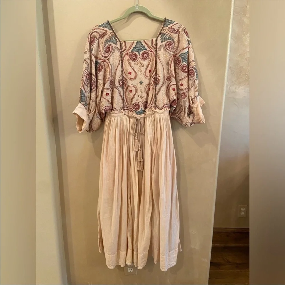 Free People Paisley Embroidered Midi Dress in Cream and Pink